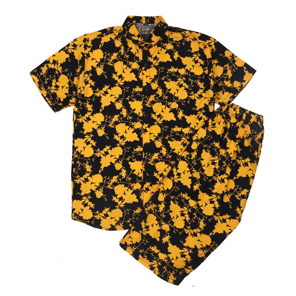 Tropical Black & Yellow Floral Resort Shirt & Shorts Set for Men – Lightweight Summer Vacation Outfit