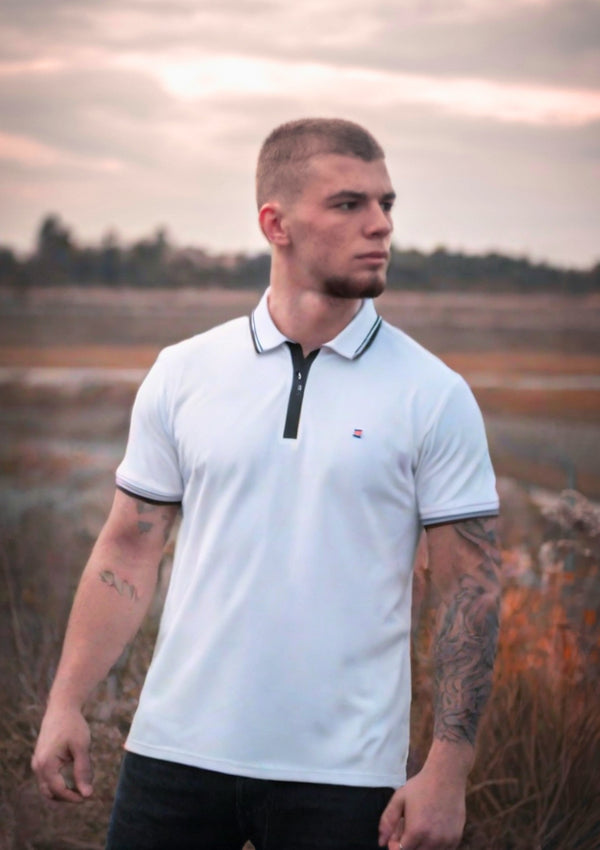 Men's Classic White Zip-Collar Polo Shirt - Premium Cotton Blend